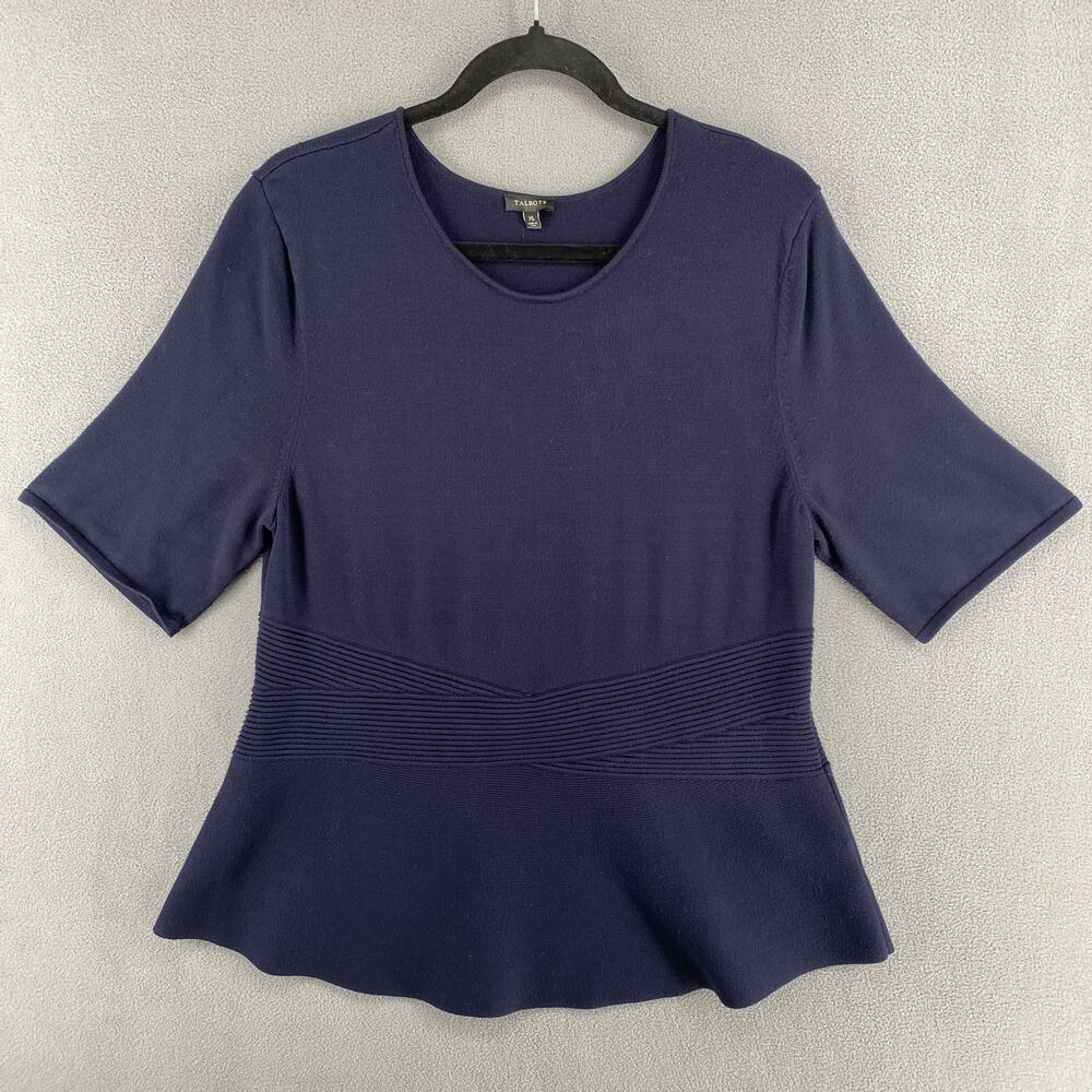 Talbots Peplum Short Sleeve Sweater Top Womens XL Blue‎ Knit Viscose Nylon Blend